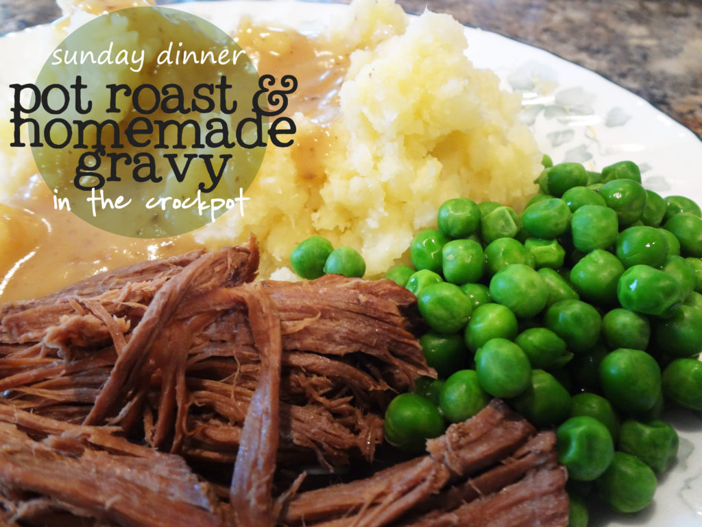 pot roast, mashed potatoes, and peas