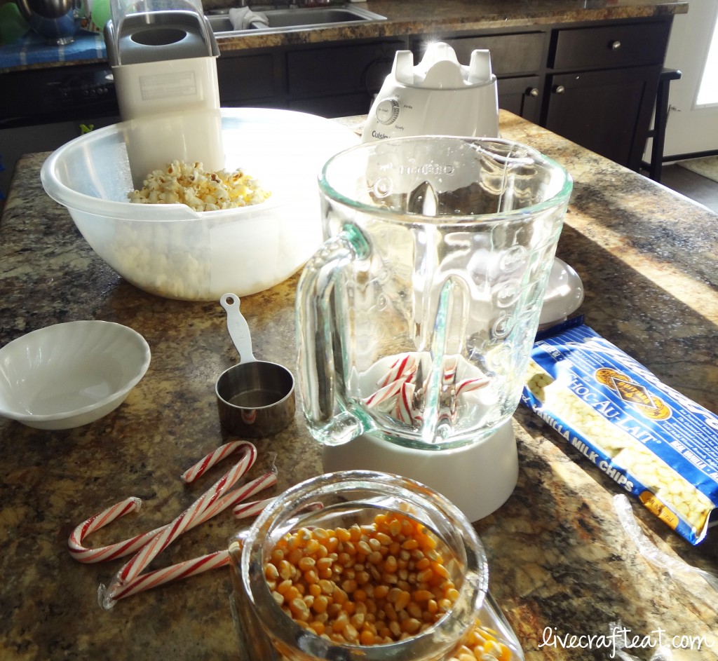 popped popcorn, candy cane bits, white chocolate chips