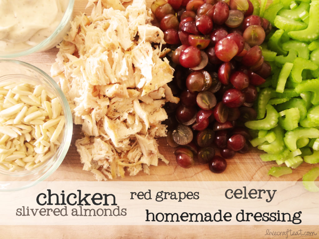 chicken salad with red grapes, celery, and slivered almonds