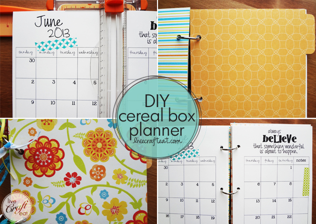 diy cereal box planner - made with a cereal box & scrapbook paper! new 2014 monthly calendars available.