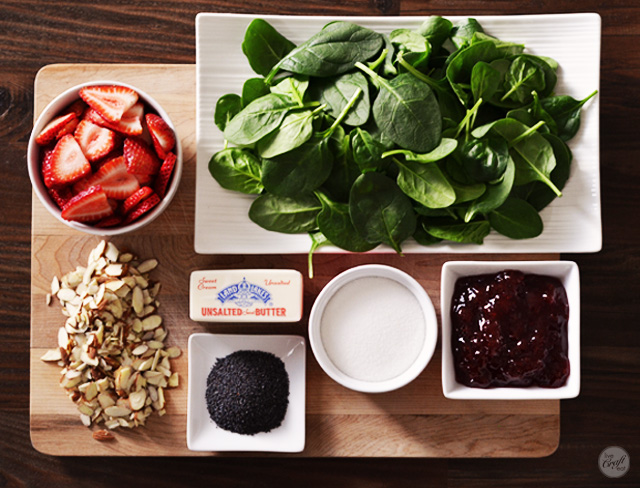 ingredients for an easy strawberry spinach salad with strawberry poppy seed dressing