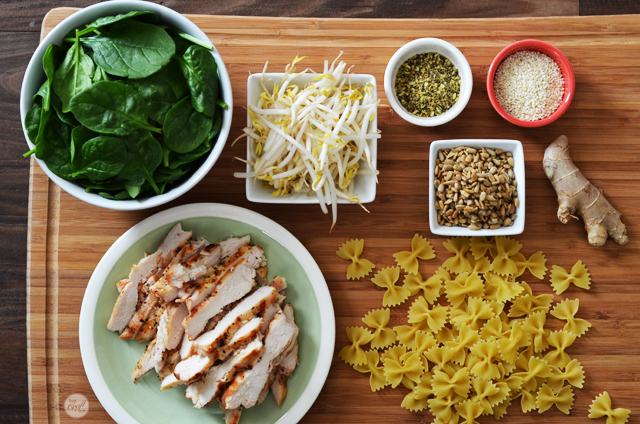 ingredients for an incredible asian-inspired chicken & pasta salad