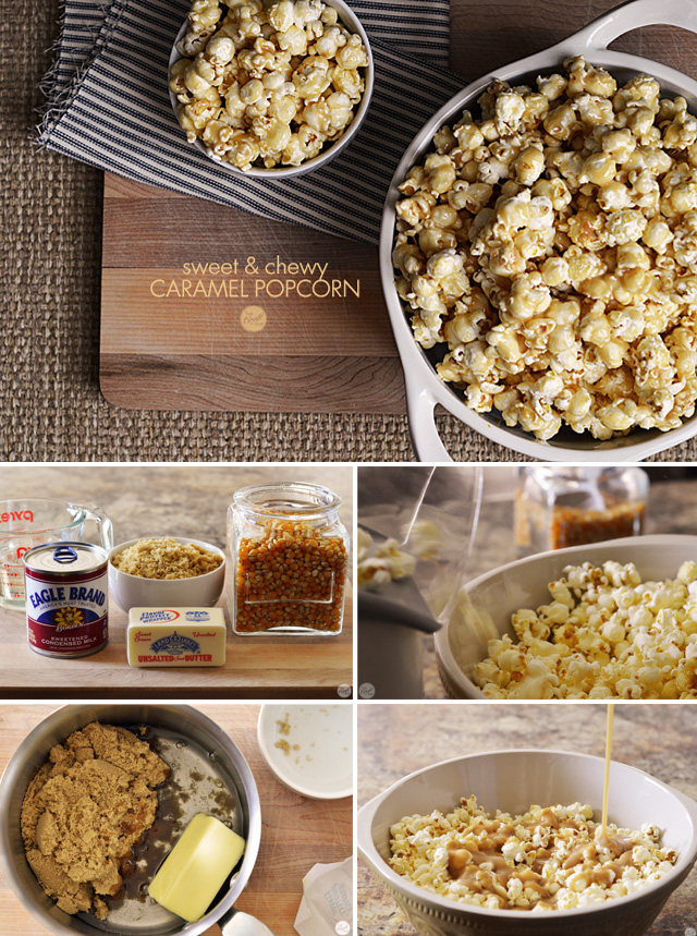 sweet, chewy, and gooey homemade caramel popcorn recipe. it only uses a few staple pantry items and about 10 minutes to make! i love this recipe.