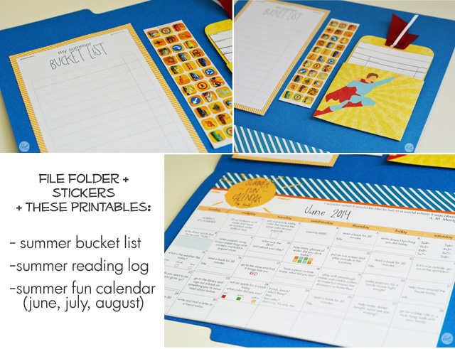 free printables for a super cute summer fun folder for kids :: summer calendars with activities, summer bucket list, and summer reading log with stickers.