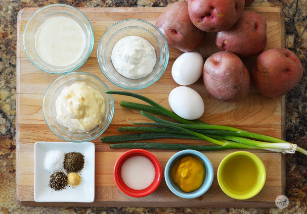 simple ingredients for an easy and delicious potato salad recipe.