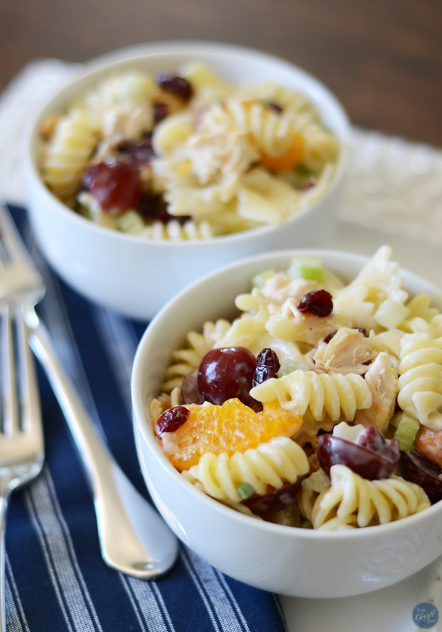 crunchy, fruity, salty, and savory chicken pasta salad. a kid favorite!!