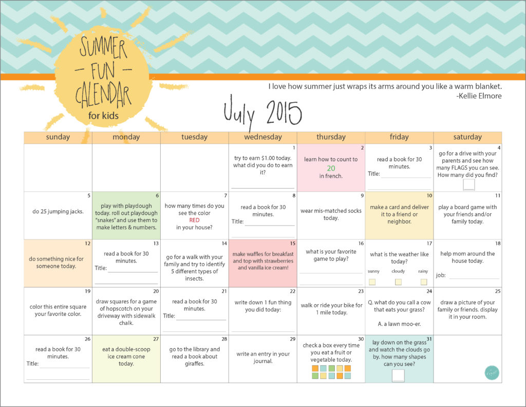 july 2015 kids summer calendar with activities for kids to do every day!