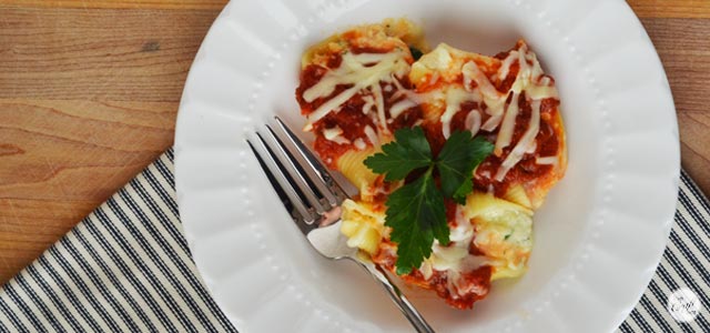 Three Cheese-Stuffed Shells with Meaty Tomato Sauce