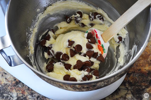 sweetened cream cheese + chocolate chips...heavenly! absolutely delicious in chocolate cream cheese cake bars!