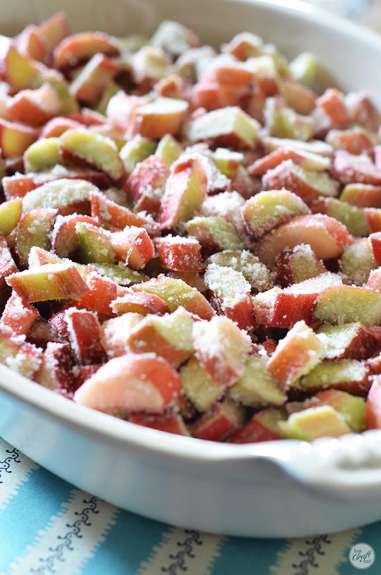 rhubarb base in the pan for a sweet rhubarb crisp.