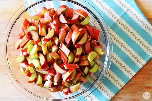 sliced rhubarb in a bowl - so pretty and perfect for easy rhubarb crisp!