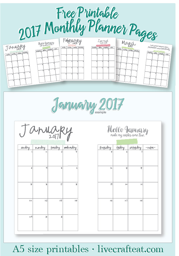 get these free printable A5 size monthly calendars for 2017! use them in your favorite A5 (half an 8.5"x11" sheet) planner or notebook.