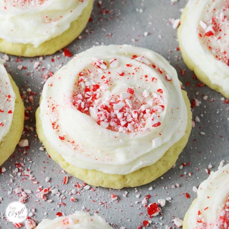 cream cheese cookies + cream cheese icing + crushed candy cane. perfect for christmas cookie baking!!! they are so yum.
