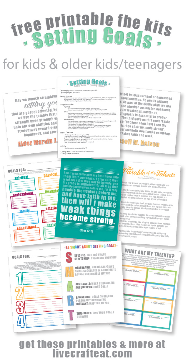 looking for a great way to teach your kids & older kids/teenagers about goal setting? get these free printable family home evening kits! there are 2 sets: one for older kids/teenagers, and a more simplified version for younger kids. each kit includes suggestions for scriptures, quotes, stories/talks, handouts, songs, and activities. all of them free and printable, of course!!