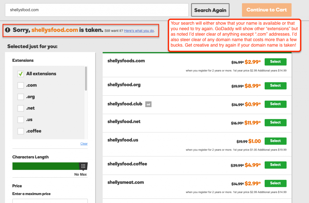 GoDaddy Search Results