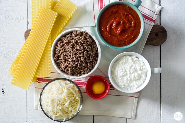 lasagna noodles, ground beef, marinara sauce, cottage cheese, egg, mozzarella