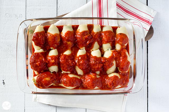 italian stuffed pasta shells in a baking dish