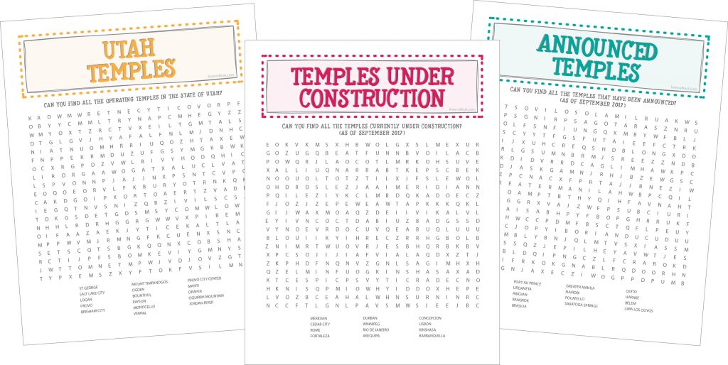 utah temples, temples under construction, announced temples :: free printable word searches