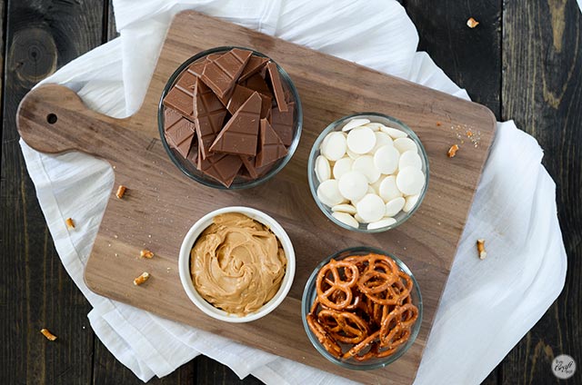 milk chocolate, white chocolate wafers, peanut butter, pretzels