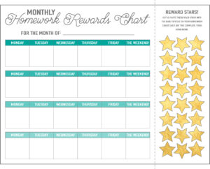 kids monthly homework rewards chart with printable gold stars!