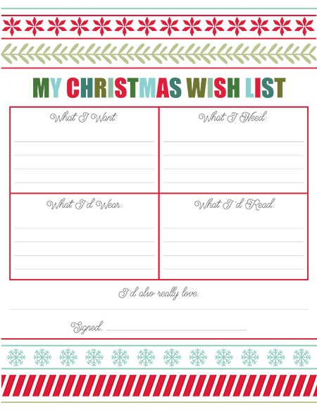 Printable Christmas Wish List Template For Kids